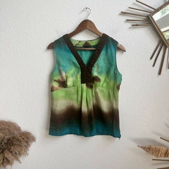 Saint Tropez West Womens Linen Sleeveless Green & Blue Tie Dye Summer Blouse SM - Picture 1 of 11